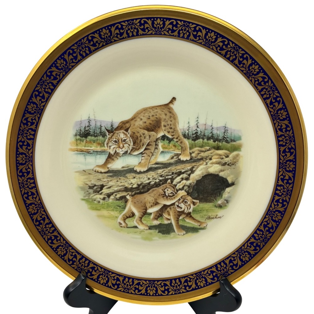 Vintage Boehm Lenox Woodland Wildlife Porcelain CLTR Plate Bobcats 1980 Lodge
